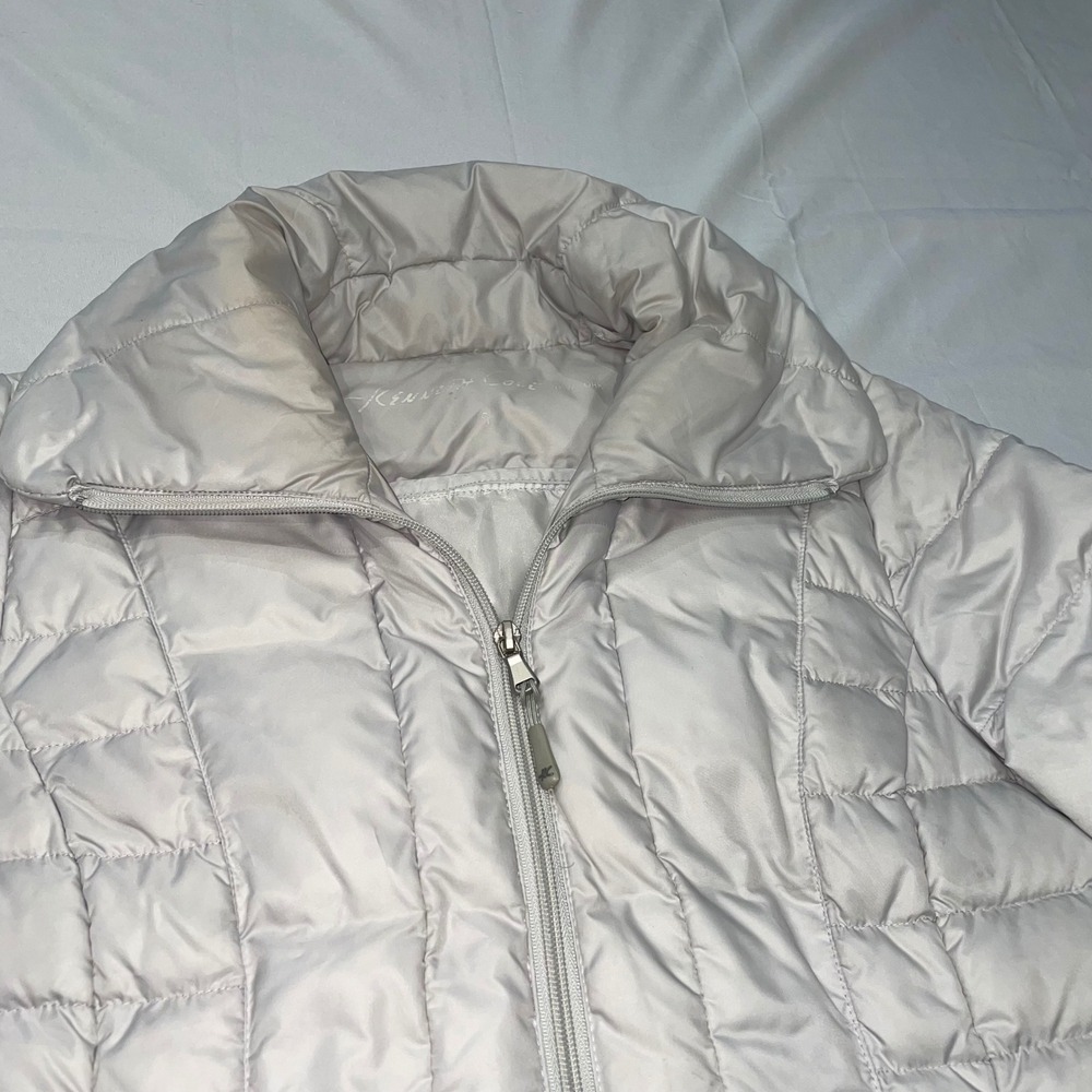 Kenneth Cole New York Womens Down‎ Puffer Jacket Silver Quilted Full Zip Small